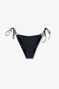 Black shimmering bikini bottom with adjustable side ties paired with mc2 saint barth women’s virgo crinkle lurex blue top