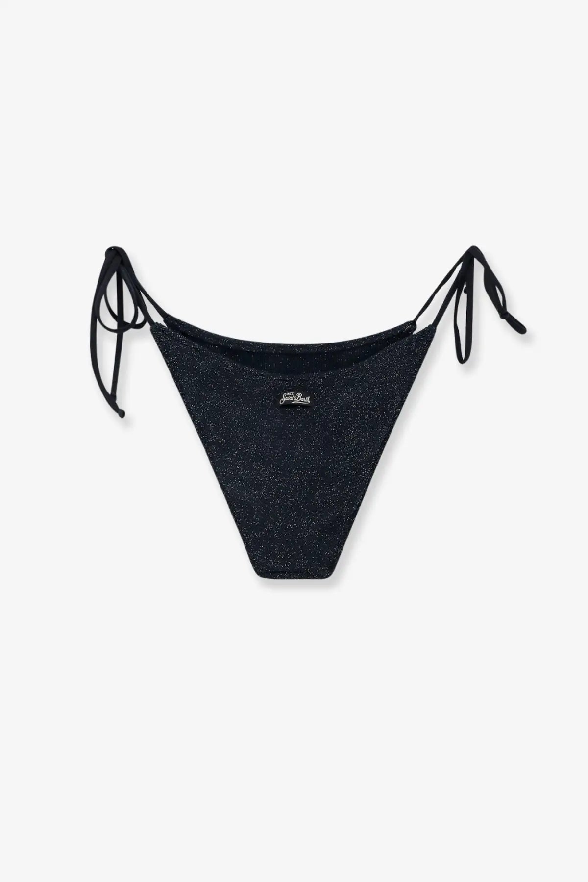 Black glittery bikini bottom with adjustable side ties and small logo complementing mc2 saint barth women’s blue lurex top