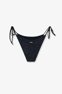 Black glittery bikini bottom with adjustable side ties and small logo complementing mc2 saint barth women’s blue lurex top