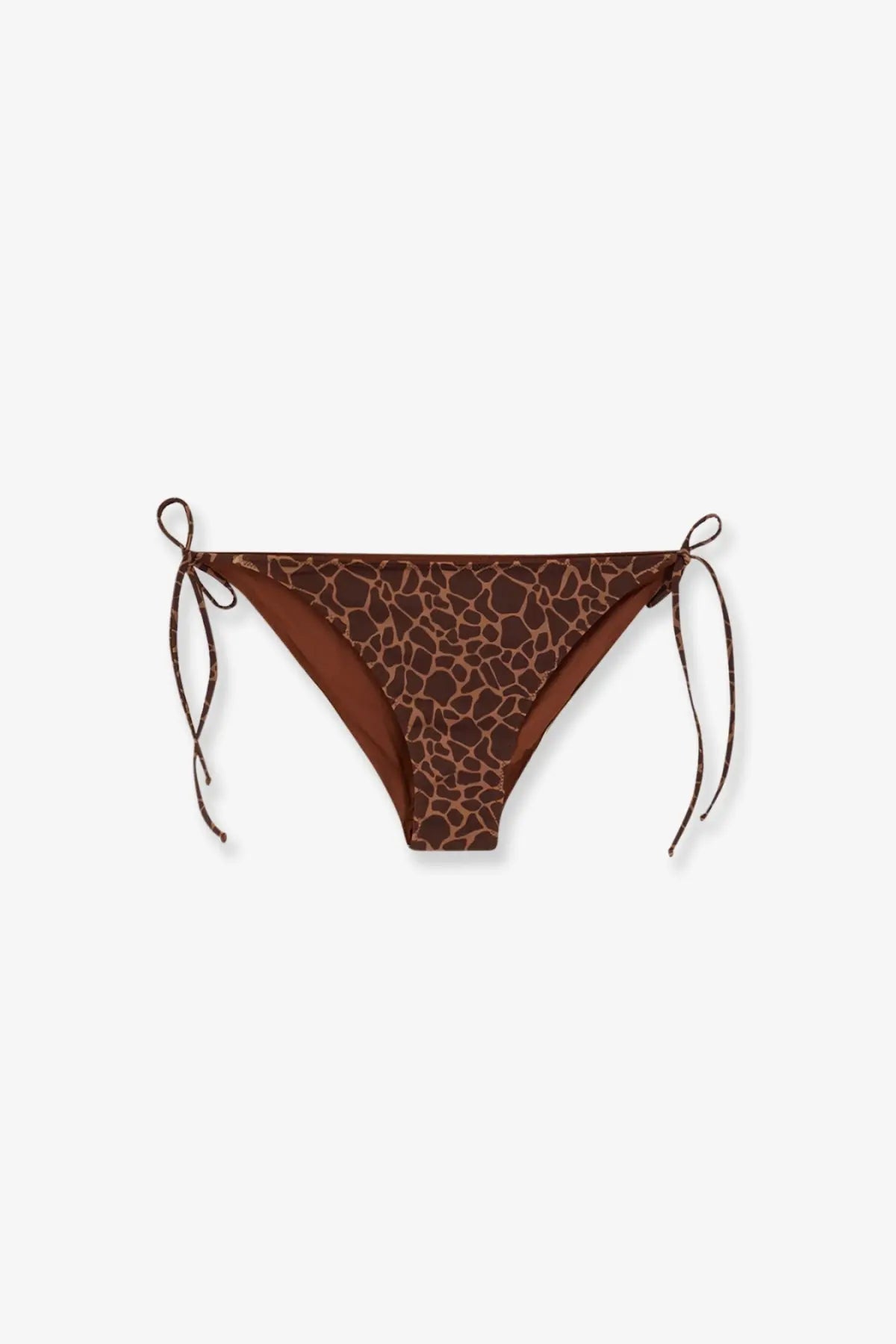 Brown giraffe-print nylon bikini bottom with side ties from mc2 saint barth womens virgo collection front view