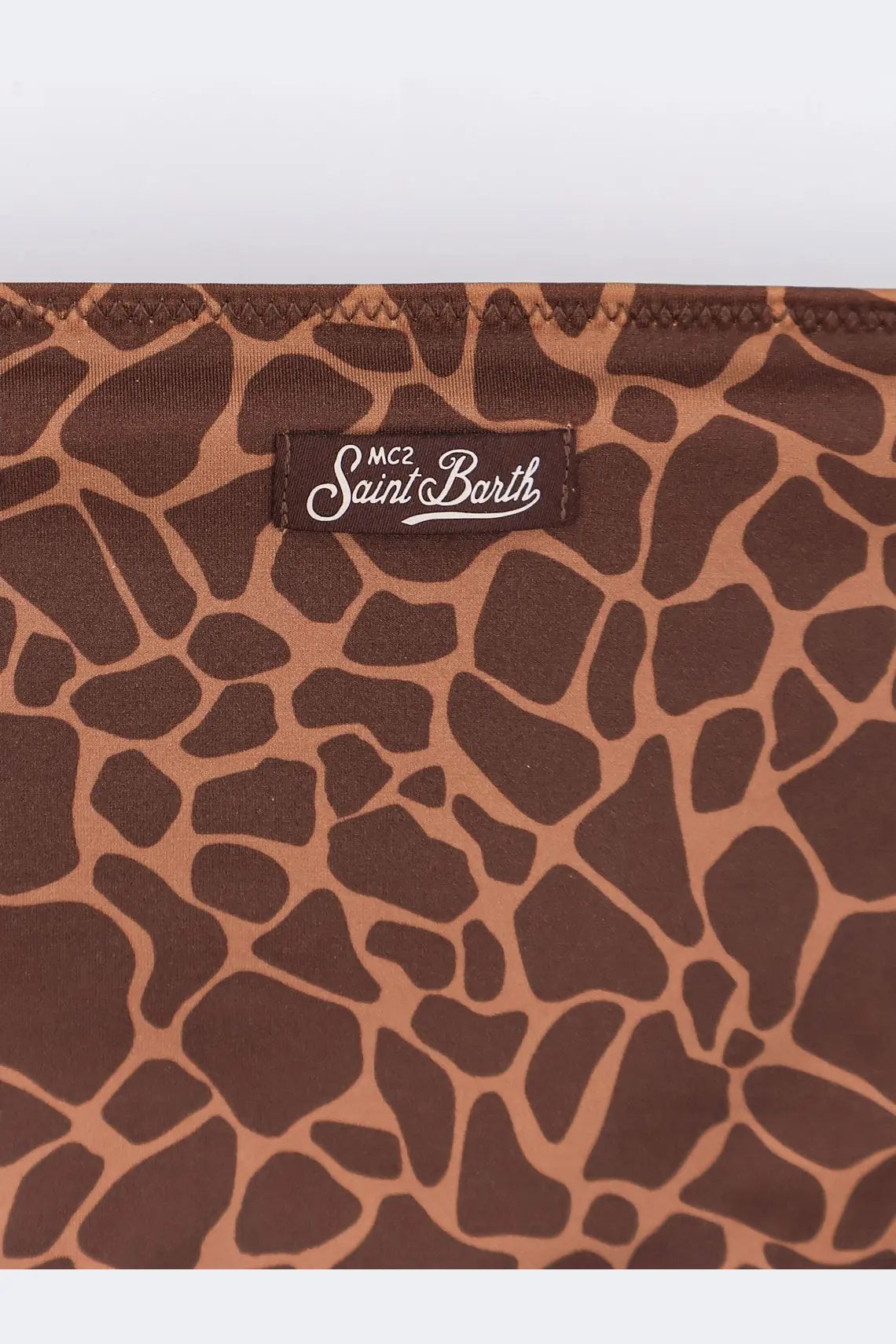 Brown giraffe-print nylon pouch with black embroidered mc2 saint barth label from women’s virgo bikini bottoms