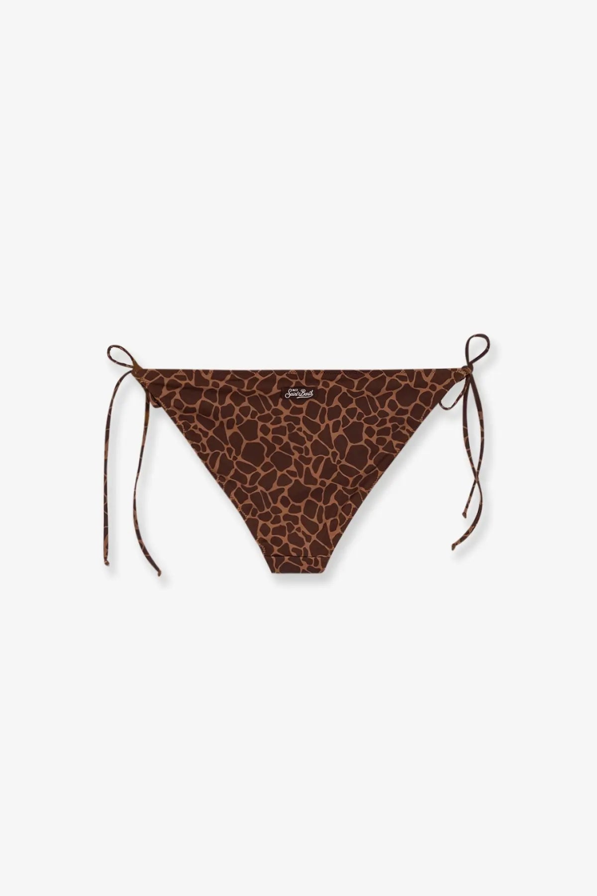 Brown giraffe-print nylon triangle bikini bottom with side ties from mc2 saint barth womens virgo collection