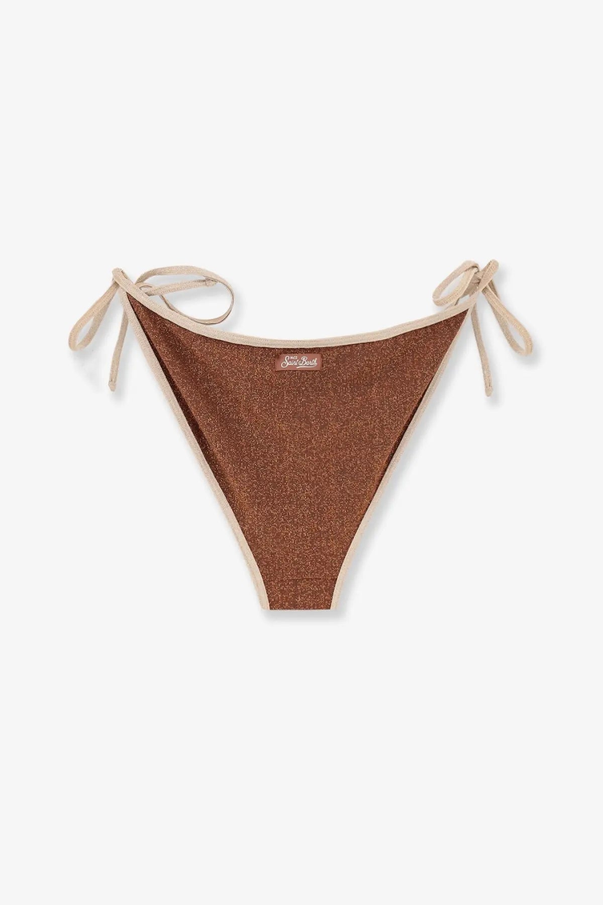 Mc2 saint barth women’s virgo string bikini bottom in shimmering bronze lurex with beige tie-side straps and trim