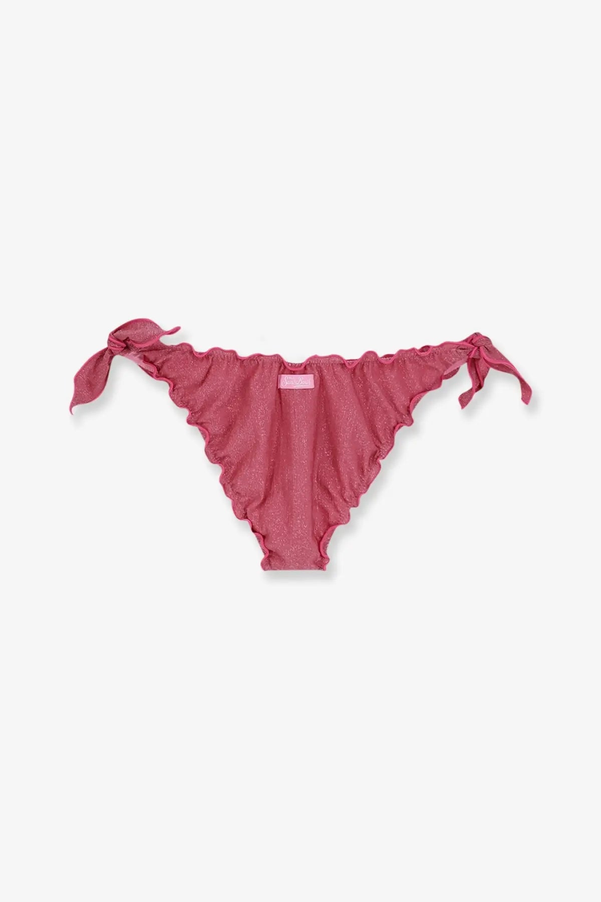 Mc2 Saint Barth women’s pink viscose blend moon bikini bottoms with ruffled glittery texture and tied side ties