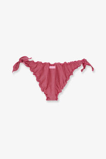 Mc2 Saint Barth women’s pink viscose blend moon bikini bottoms with ruffled glittery texture and tied side ties