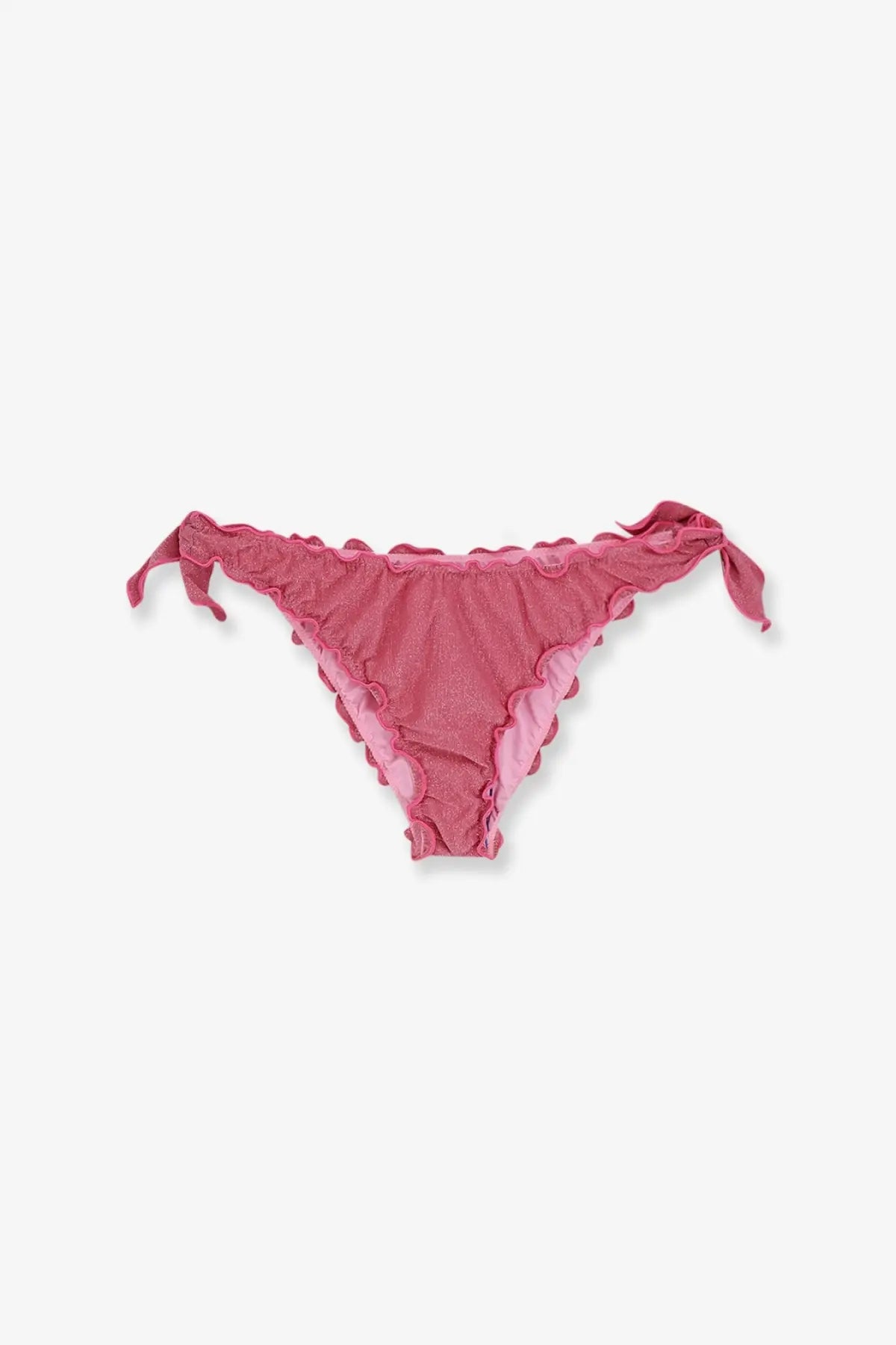Pink ruffled bikini bottom with tied side ties in viscose blend lurex by mc2 saint barth showing front view