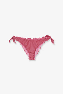 Pink ruffled bikini bottom with tied side ties in viscose blend lurex by mc2 saint barth showing front view