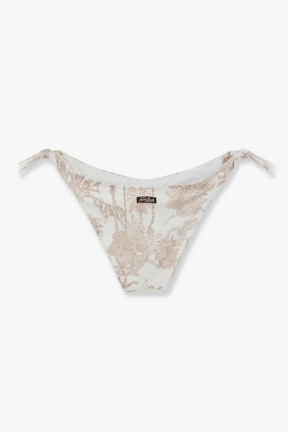 Beige and white tropical print bikini bottom with tied side ties from mc2 saint barth women’s yali collection