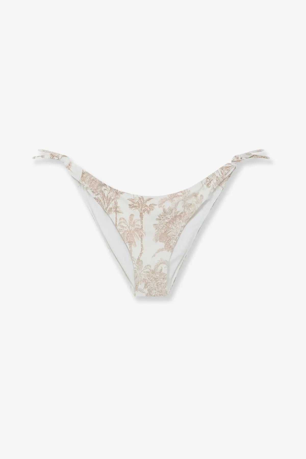 Mc2 Saint Barth women’s yali bikini bottoms in white with beige and gold palm tree pattern and tied side ties