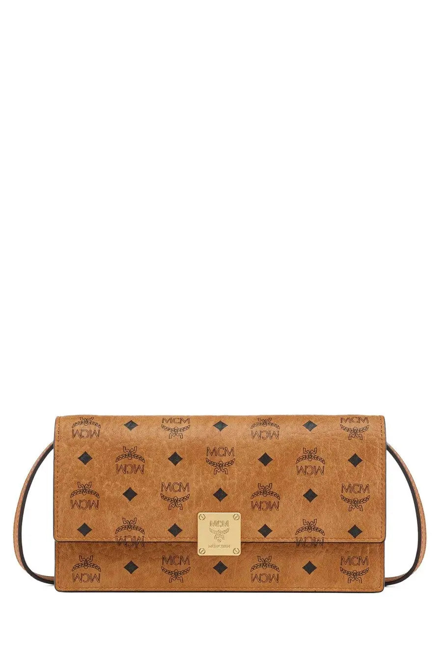 Tan leather mcm women’s aren wallet beige clutch bag with repeating logo pattern and gold-tone hardware