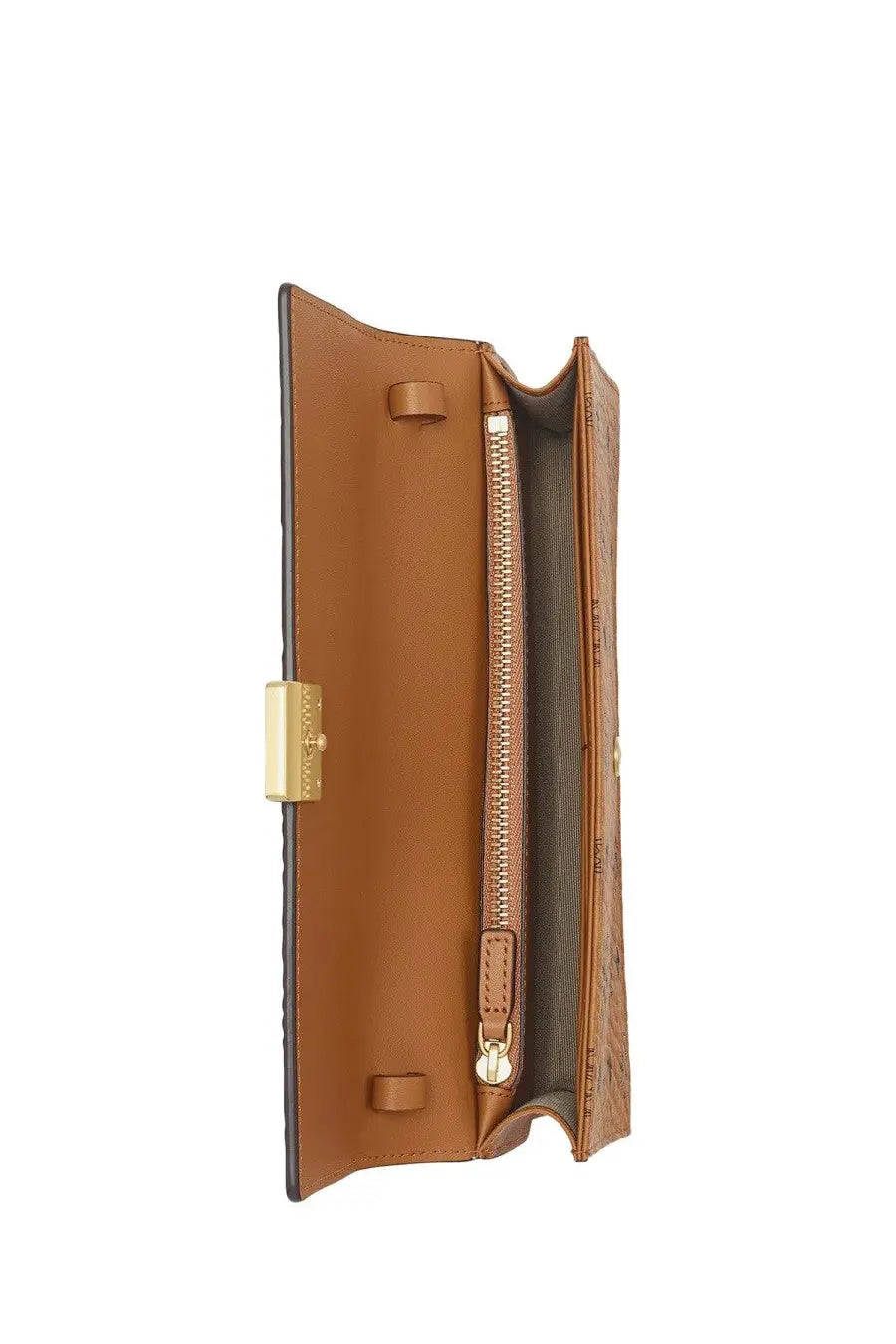 Mcm women’s aren wallet beige tan leather clutch with gold-tone hardware and zippered interior for organized storage
