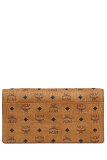 Tan leather Mcm women’s Aren wallet in beige featuring a repeating dark brown Mcm logo and diamond pattern