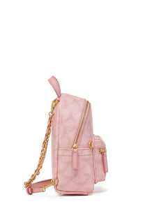 Pink faux leather mini backpack with gold-tone chain strap and embossed pattern from mcm women’s Stark Lauretos Blue collection