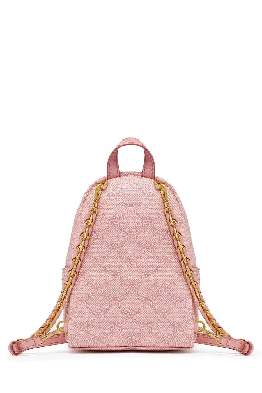 Pink mcm women’s mini backpack with gold-tone chain straps and subtle repeating laureatos blue pattern