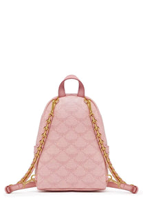Pink mcm women’s mini backpack with gold-tone chain straps and subtle repeating laureatos blue pattern
