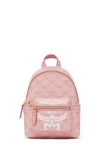 Pink mcm women’s backpack with repeating pattern and white angel logo on front pocket Stark Lauretos Blue model