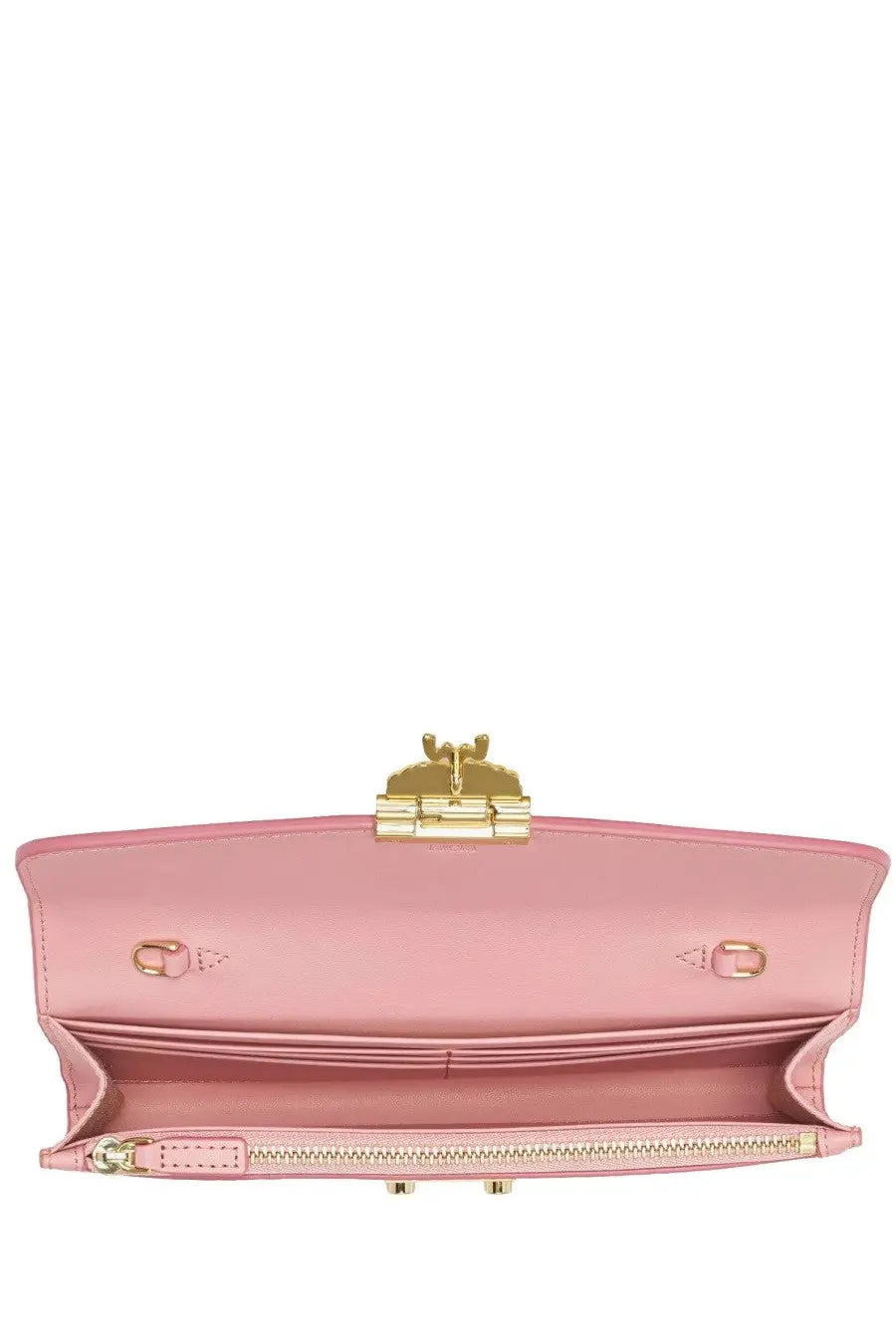 Pink leather clutch with gold-tone hardware and central clasp from mcm women’s bag tracy blue collection