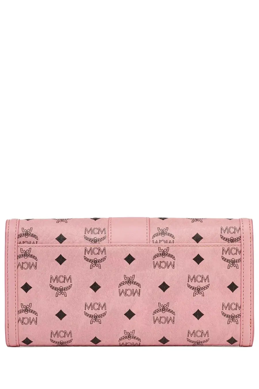 Pink mcm wallet with repeating black logo pattern featured in the mcm women’s bag tracy blue collection