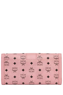 Pink mcm wallet with repeating black logo pattern featured in the mcm women’s bag tracy blue collection