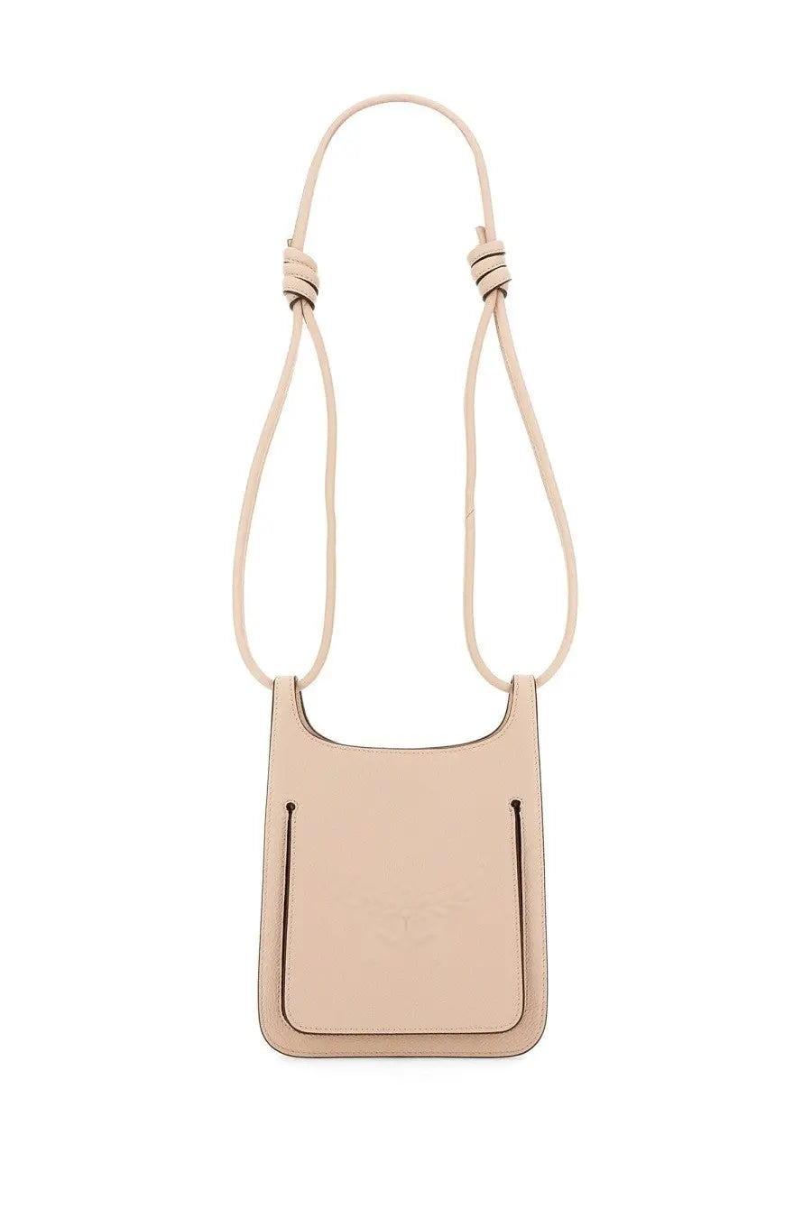 Mcm women’s hobo bag in himmel blue leather with minimalist design and beige knotted crossbody strap