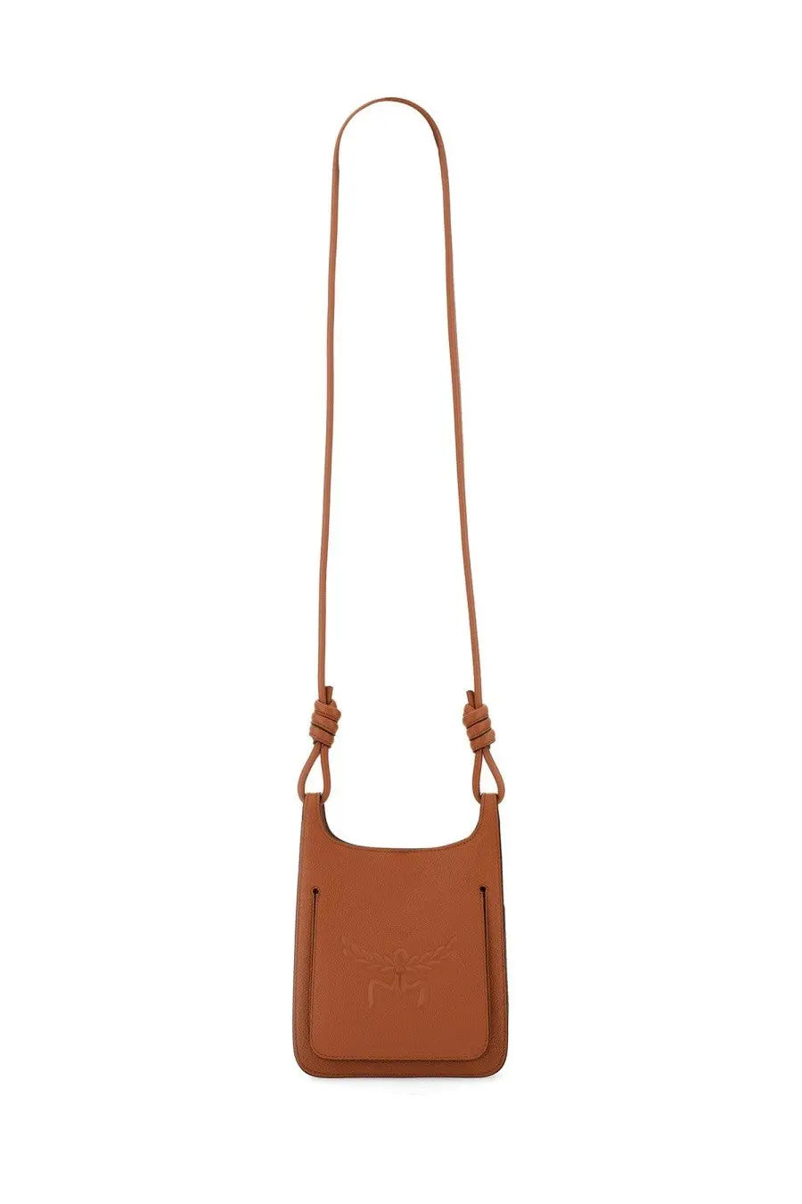 Mcm women’s hobo bag himmel brown tan leather crossbody with knotted strap and embossed logo on front