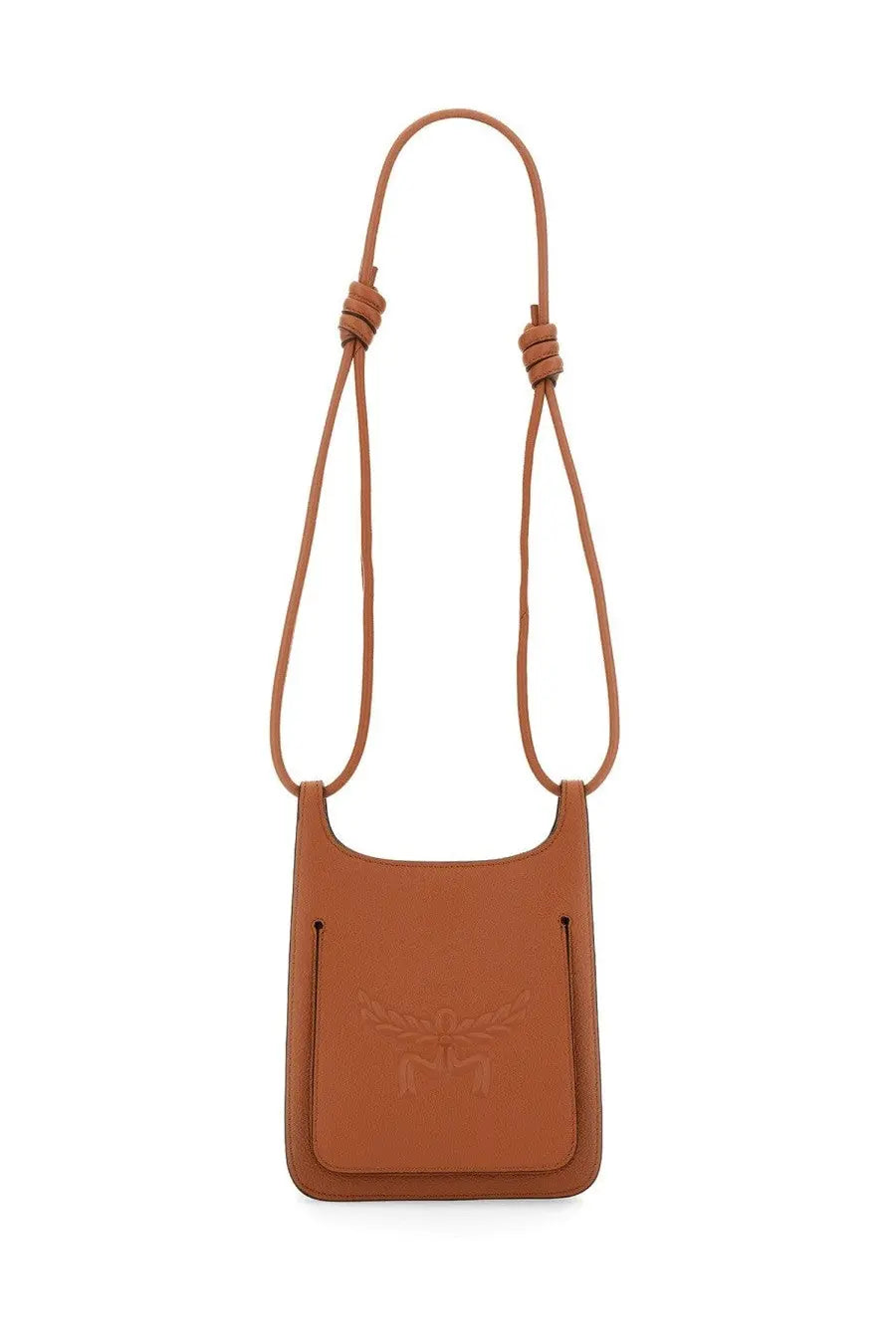 Mcm women’s hobo bag himmel brown tan leather crossbody with subtle embossed logo and knotted shoulder strap