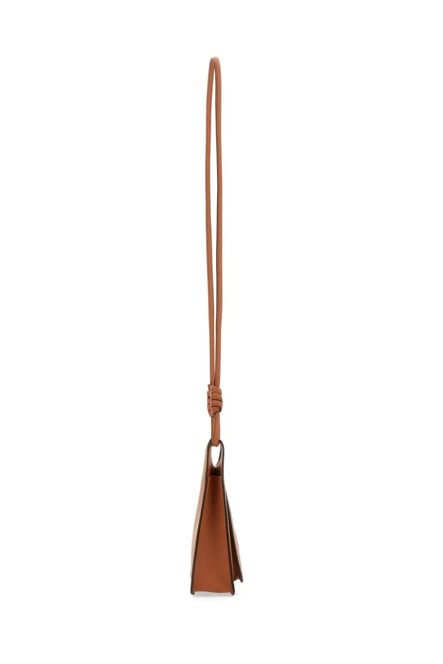 Tan leather shoulder bag by Mcm featuring a knotted strap and triangular flap closure in himmel brown