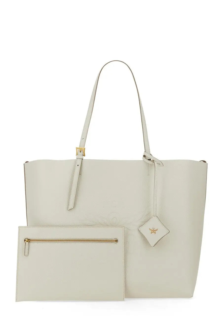 Cream-colored leather mcm women’s shopping tote bag himmel large white with gold-tone hardware and matching pouch