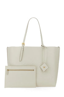 Cream-colored leather mcm women’s shopping tote bag himmel large white with gold-tone hardware and matching pouch