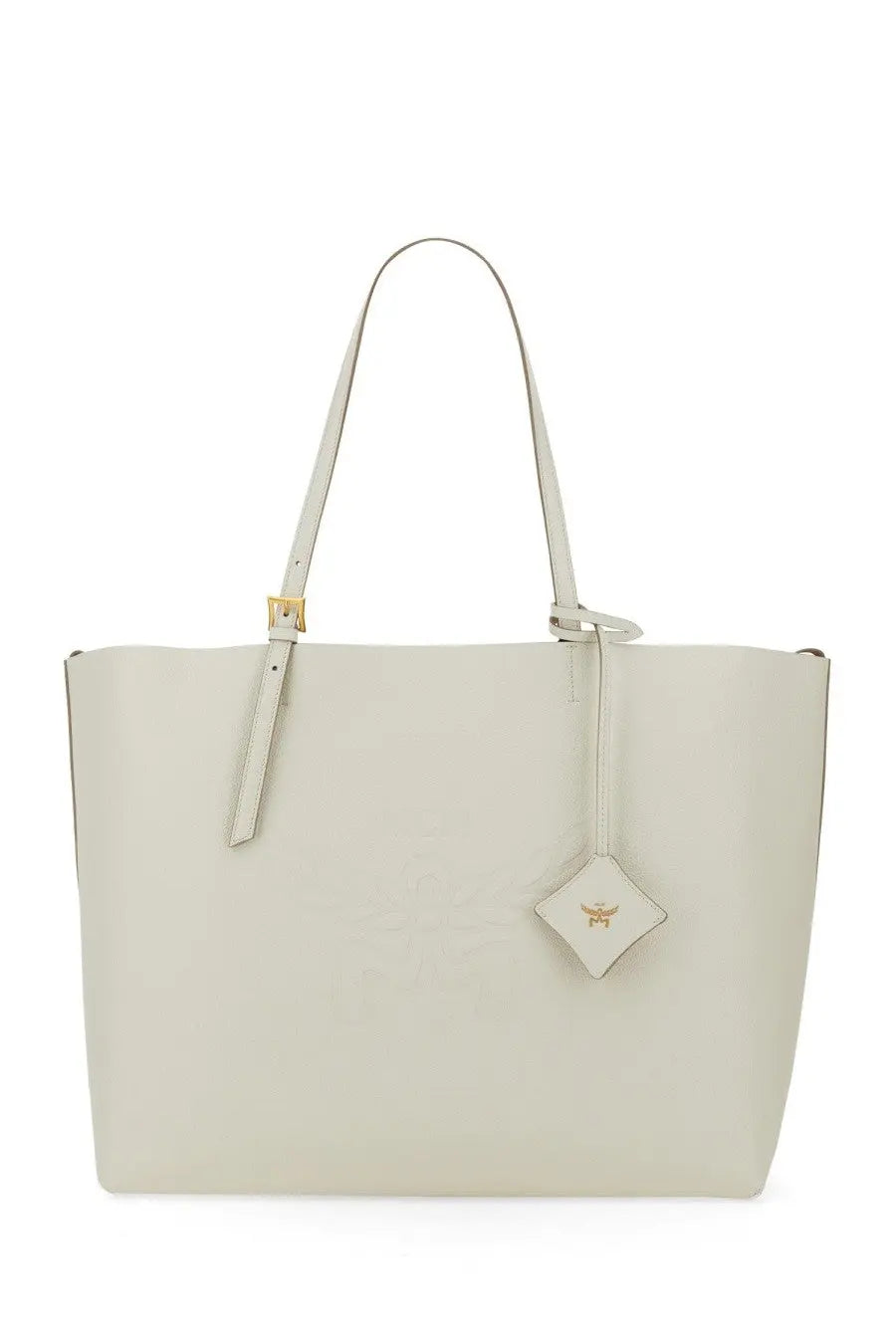 Mcm women’s shopping bag himmel large white sleek off-white leather tote with gold-tone hardware and diamond logo tag