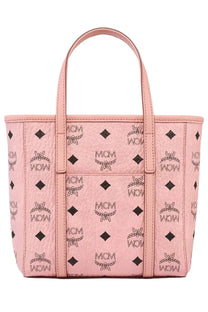 Pink mcm tote bag with black logo and diamond pattern in textured leather for stylish everyday use