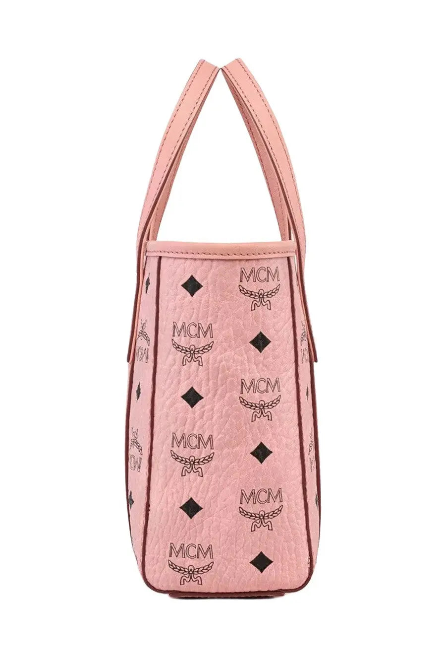 Pink MCM tote bag with embossed logo and diamond pattern shown from the back in mcm women’s Toni top zip bag blue product