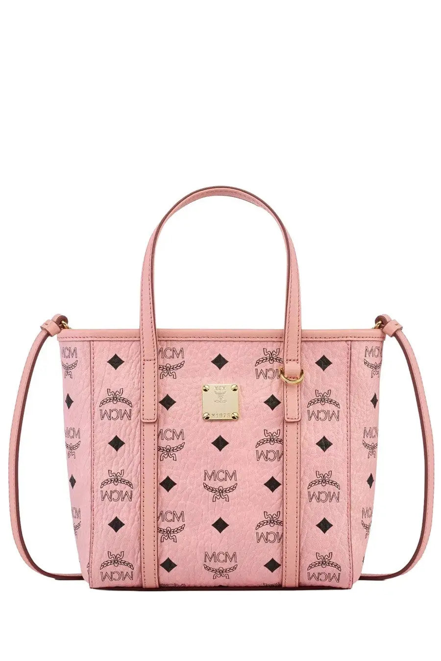Pink mcm tote bag with signature logo pattern and gold-tone hardware in women’s toni top zip bag blue product image