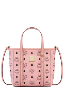 Pink mcm tote bag with signature logo pattern and gold-tone hardware in women’s toni top zip bag blue product image