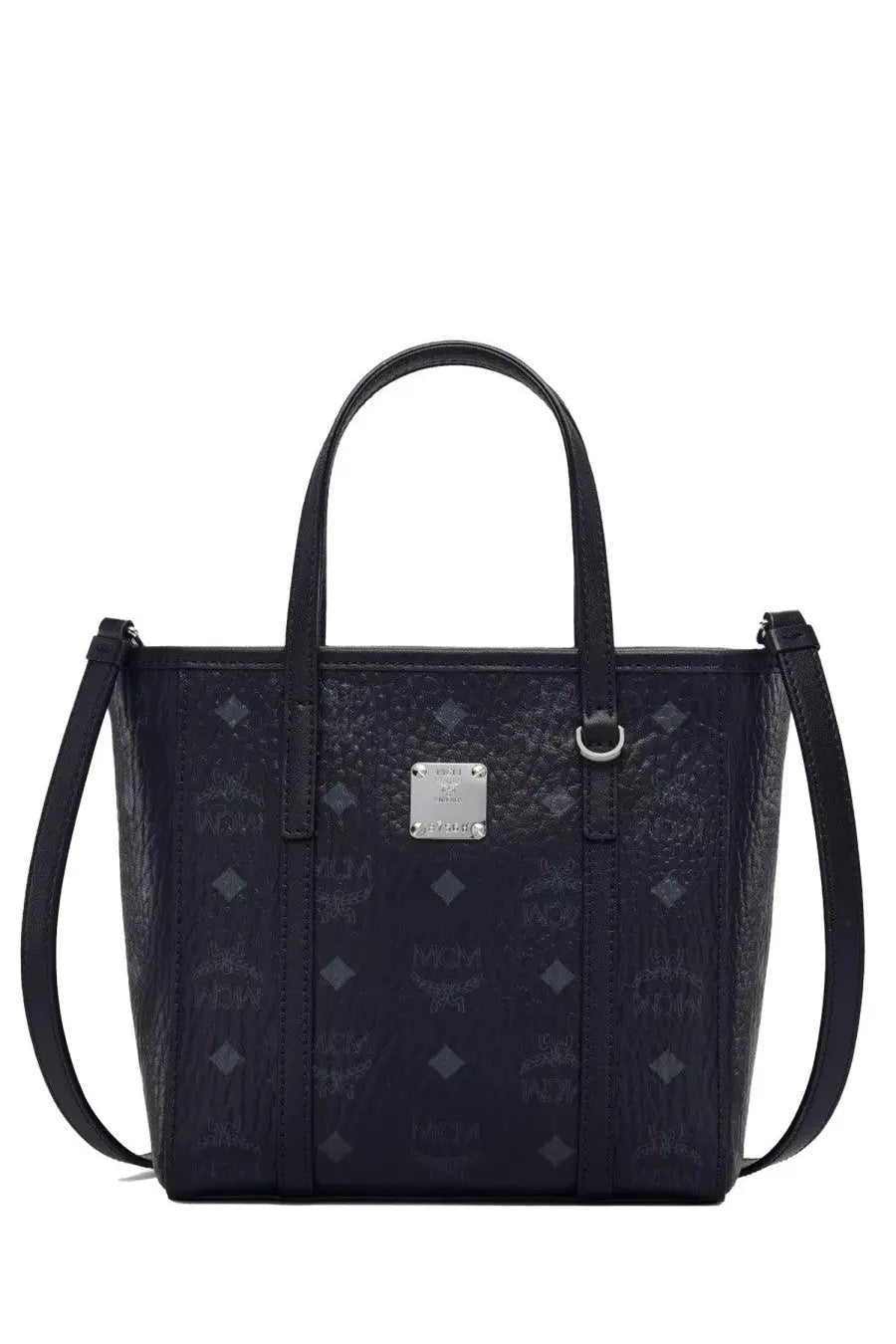 Black MCM women’s Toni top zip mini tote bag with embossed logo pattern and silver-tone metal plaque