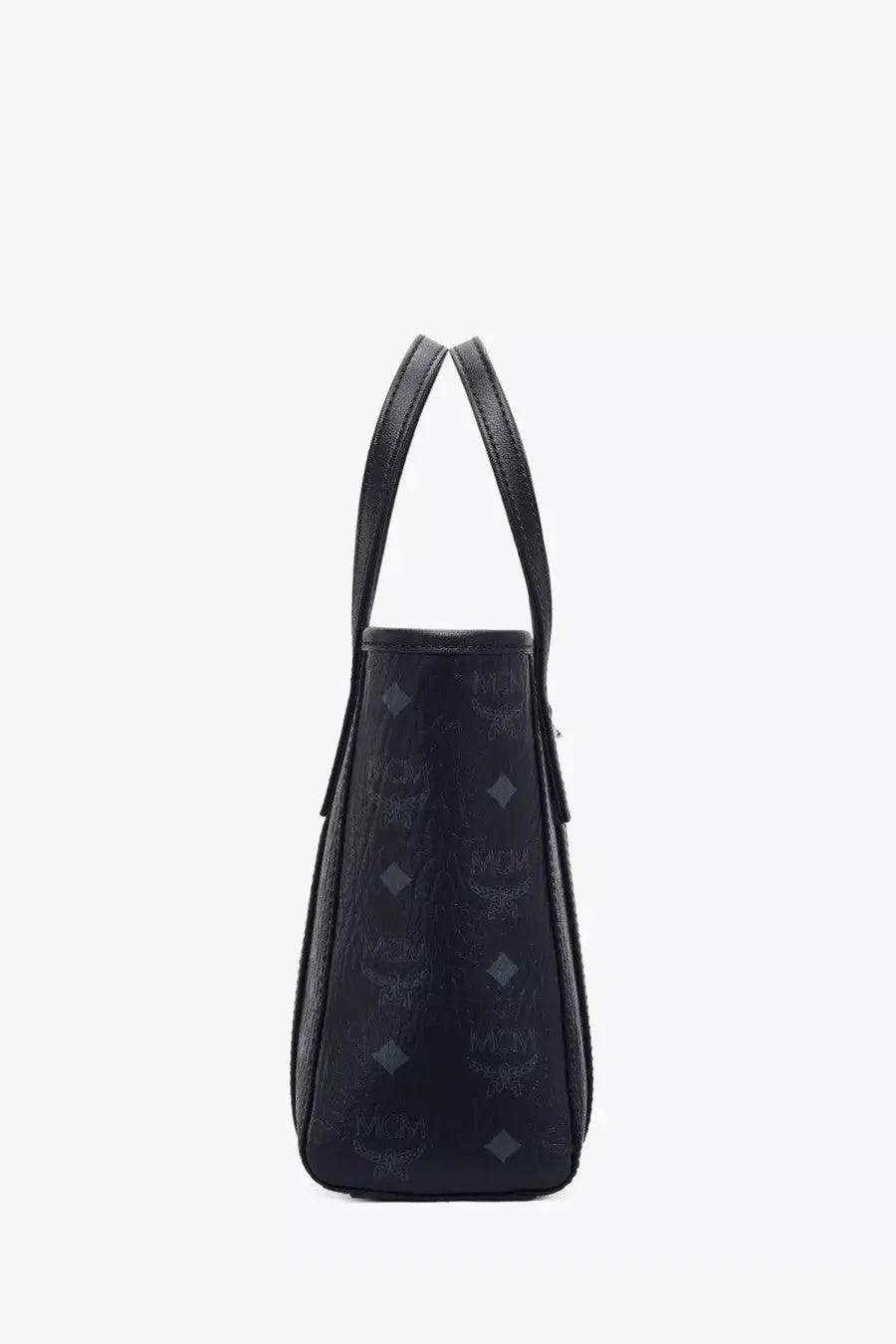 Black mcm women’s toni top zip mini tote bag with signature logo pattern and leather handles