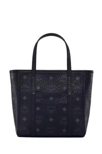 Black MCM women’s Toni top zip mini tote bag with textured surface and repeating logo pattern