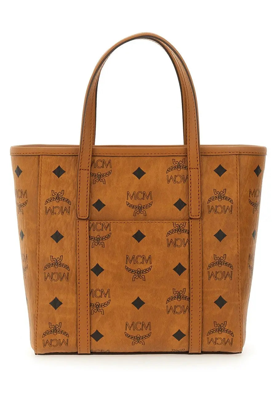 Tan leather mcm women’s tote bag beige with repeating black logo and diamond pattern