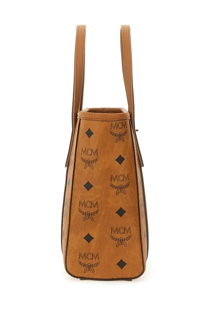 Tan leather mcm women’s tote bag in beige with embossed logo and diamond pattern for stylish everyday use