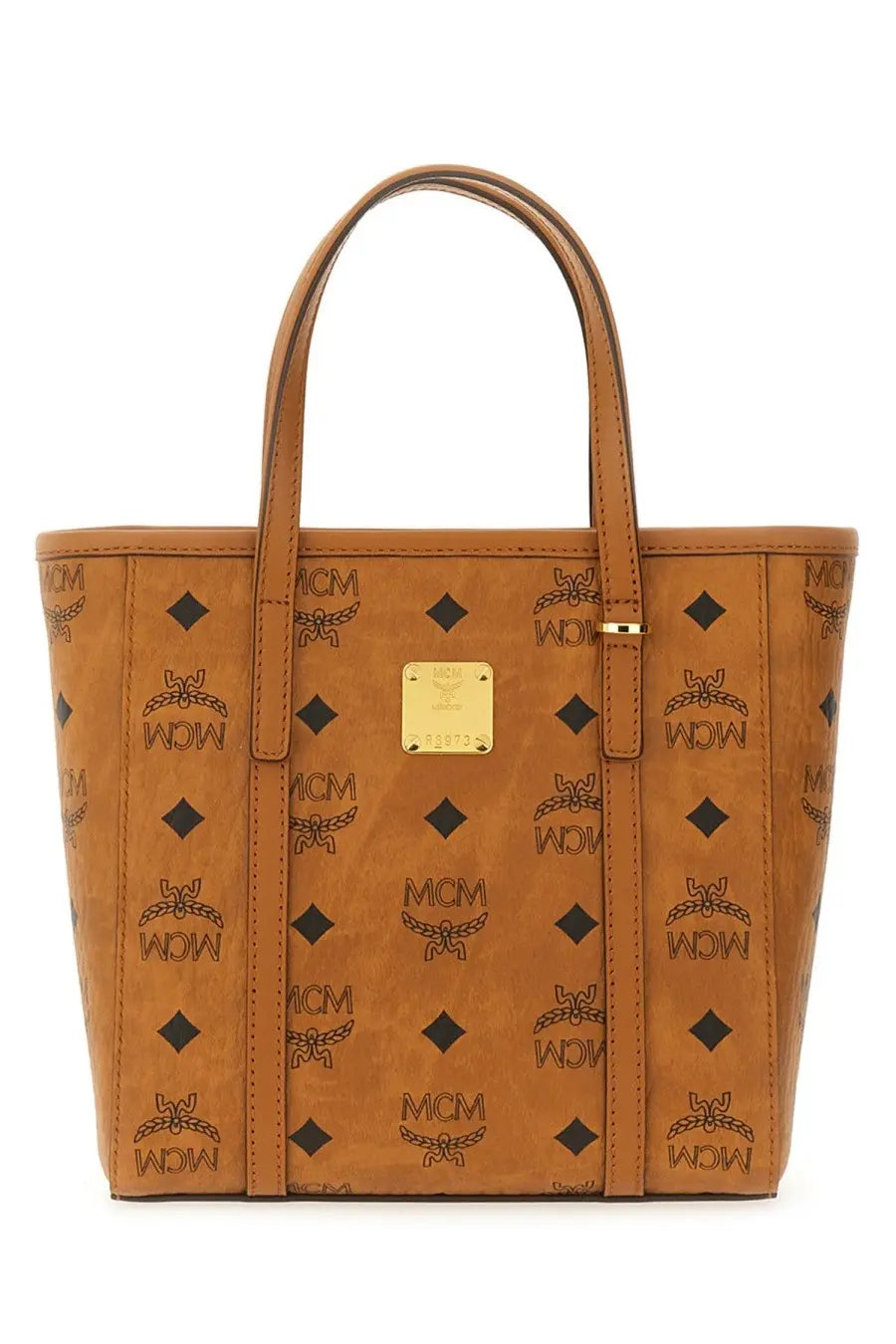 Tan leather mcm women’s tote bag beige with embossed logo and diamond pattern perfect for everyday use