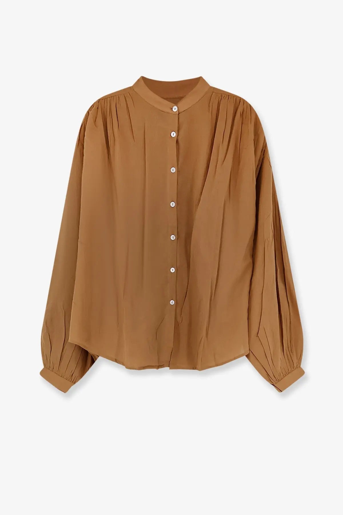 Mes Demoiselles women’s celeste beige cotton shirt with a soft camel color relaxed fit and long sleeves with gathered cuffs