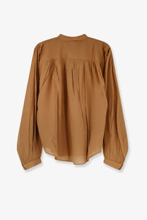 Mes Demoiselles women’s celeste cotton shirt in beige with long sleeves and a gathered waist in soft rust color