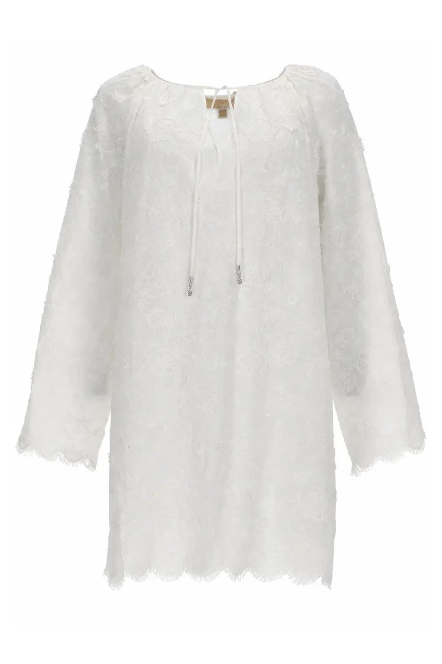 Michael Kors women’s white lace tunic with long sleeves and scalloped hem featuring floral embroidery