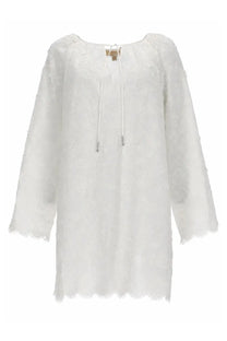 Michael Kors women’s white lace tunic with long sleeves and scalloped hem featuring floral embroidery
