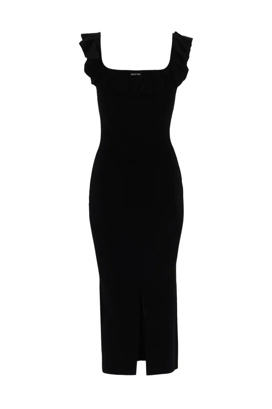 Michael kors women’s black sleeveless midi dress with ruffled shoulder straps and front slit in lightweight fabric