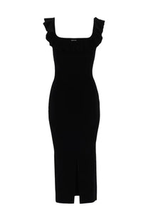 Michael kors women’s black sleeveless midi dress with ruffled shoulder straps and front slit in lightweight fabric