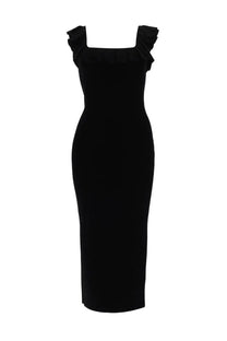 Black velvet midi dress with ruffled square neckline by michael kors for elegant evening wear