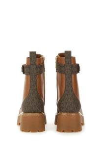 Michael kors women’s amphibious boot mandy beige brown leather ankle boots with dark mk logo pattern and gold-tone hardware