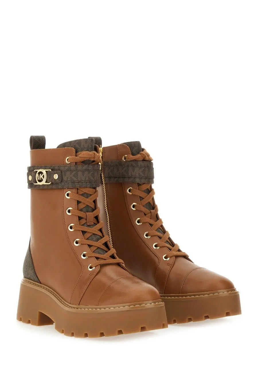 Michael kors women’s amphibious boot mandy beige brown leather combat boots with chunky sole and gold-tone hardware