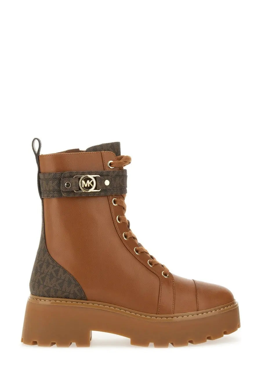 Michael kors women’s amphibious boot mandy beige brown leather combat boot with dark brown panel and gold-tone laces